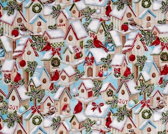 Fabri-Quilt Seasons Greetings Birdhouses Blue Metallic Premium Quality 100% Cotton Fabric (FQ181)