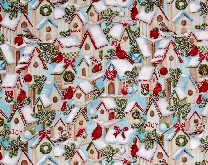 Fabri-Quilt Seasons Greetings Birdhouses Blue Metallic Premium Quality 100% Cotton Fabric (FQ181)