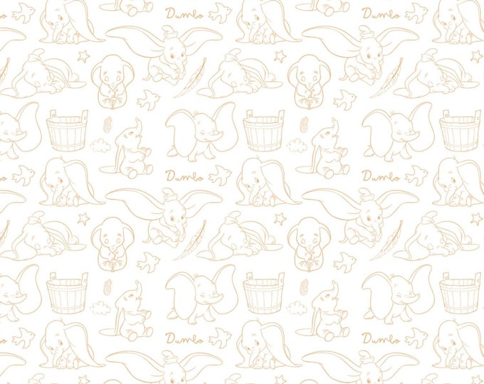 Camelot Fabrics Disney Dumbo Outline in Dark Yellow Premium Quality 100% Cotton Fabric (CA821)