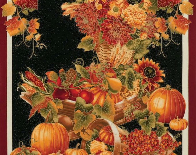 Timeless Treasures Harvest Pumpkin, Suowers Black 23" x 44" Panel Premium Quality 100% Cotton Fabric (TT375)