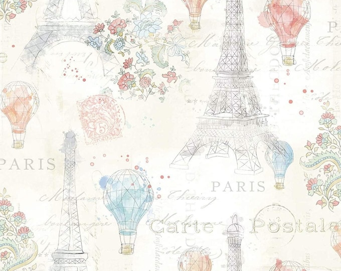 David Textiles Lighthearted in Paris Eiffel Tower Hot Air Balloons Premium Quality 100% Cotton Fabric (DA152)