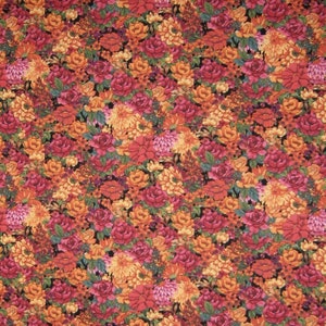 May include: A floral fabric with a repeating pattern of red, orange, and yellow flowers on a black background.