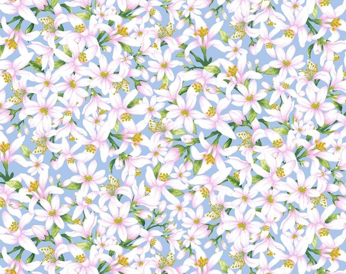 Timeless Treasures Lemon Flowers Floral Blue Premium Quality 100% Cotton Fabric (TT1192KK)
