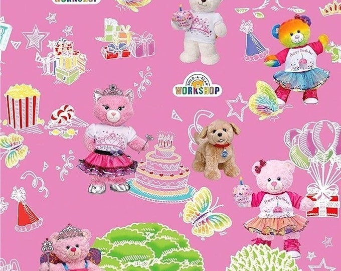 Print Concepts Inc Build a Bear Party in The Park Pink/Multicolor Premium Quality 100% Cotton Fabric (M363)