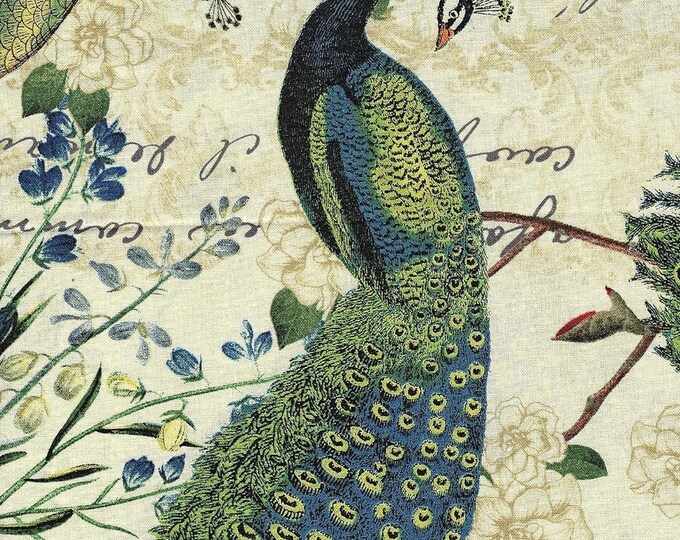 David Textiles French Peacock Arbor Beige Premium Quality 100% Cotton Fabric (DA46)