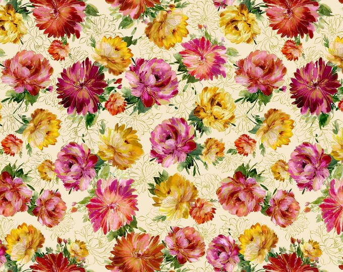 Timeless Treasures Floral Metallic Peonies Cream Premium Quality 100% Cotton Fabric (TT1257KK)