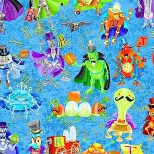 May include: A colorful, whimsical pattern featuring robots, bugs, and clocks. Each character holds a letter of the alphabet. The background is a light blue with a textured, distressed look.