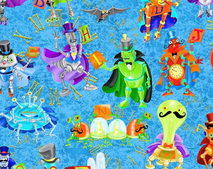 Quilting Treasures Bits & Bots Blue Packed Robots Premium Quality 100% Cotton Fabric (QT1016)