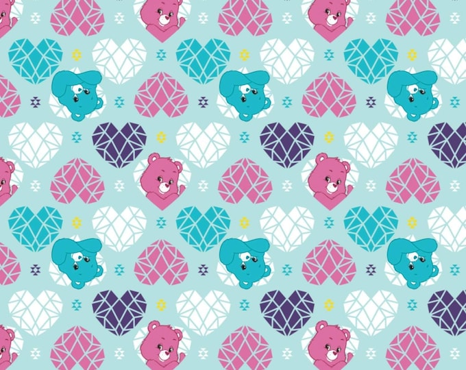Camelot Fabrics Care Bear Sparkle & Shine Hearts in Blue Premium Quality 100% Cotton Fabric (CA969)