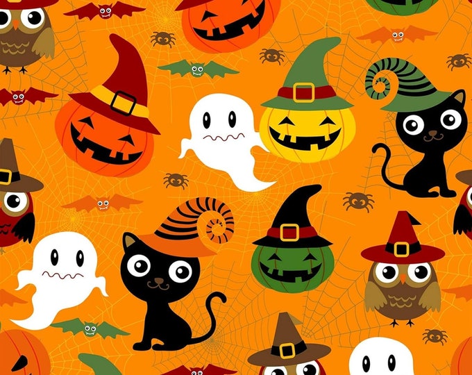David Textiles Happy Halloween Adorable Spooks Cat Ghost Pumpkin Owl Orange Premium Quality 100% Cotton Fabric (DA158)