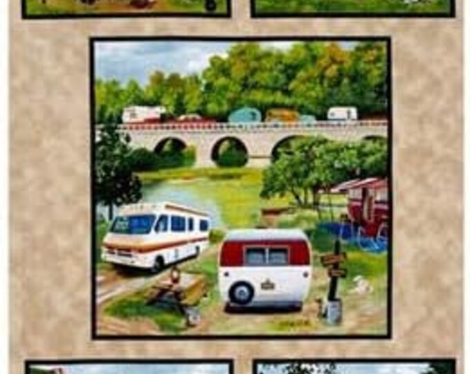 Elizabeth's Studio Vintage Trailers Blocks 24 x43 In. Panel Earth Premium Quality 100% Cotton fabric by the Panel (ES456)