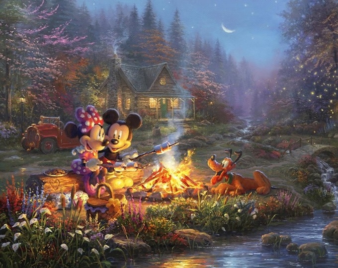 Mickey and Minnie Sweetheart Campfire Digital David Textile 100% Cotton Fabric By The Panel 43" x 36" (DA191KK)