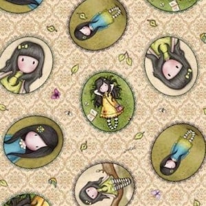 May include: A repeating pattern of whimsical girls in various poses, wearing colorful dresses and striped stockings. The girls are surrounded by leaves and butterflies, all set against a beige background with a delicate floral pattern.