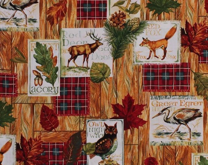 Fabri-Quilt Foxes Red Deer Owl Northwoods Woodland Nature Woodsy Cabin Lodge Fall Plaid Patches Premium Quality 100% Cotton Fabric (FQ171)