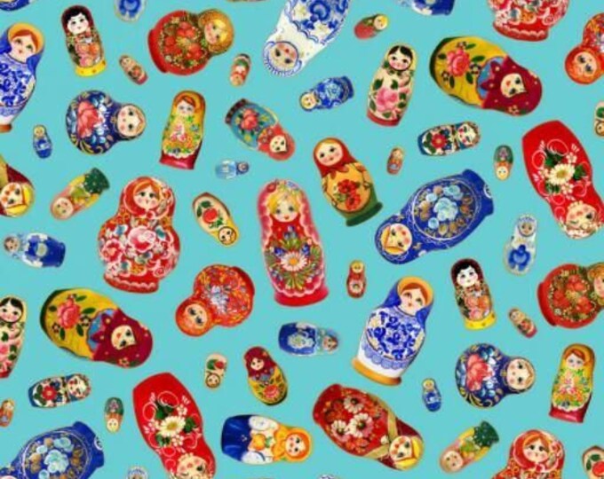 Elizabeth's Studio Matryoshka Doll tossed in Turquoise Premium Quality 100% Cotton Fabric (QT211ES)