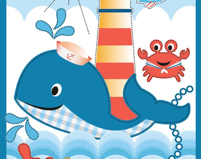 Whale's Adventure animal ocean crab bird blue Quilt Top Panel Springs Creative 100% cotton 43" Fabric by the panel 35"  (G309)