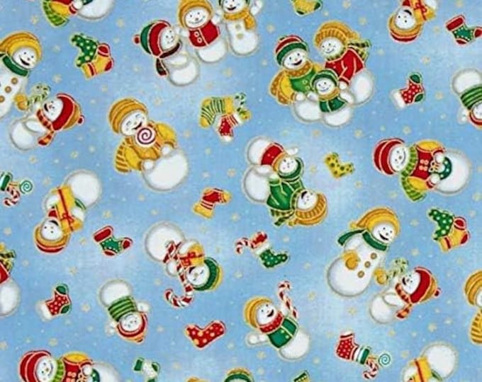 Fabri-Quilt Christmas Season Greetings Snowman in Light Blue Premium Quality 100% Cotton Fabric (FQ185)