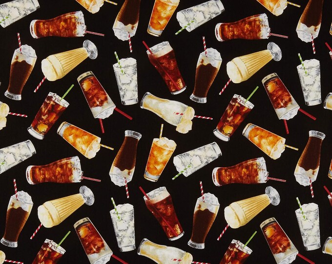 Timeless Treasures Mom's Diner Tossed Fountain Drinks Black Premium Quality 100% Cotton Fabric (TT878)