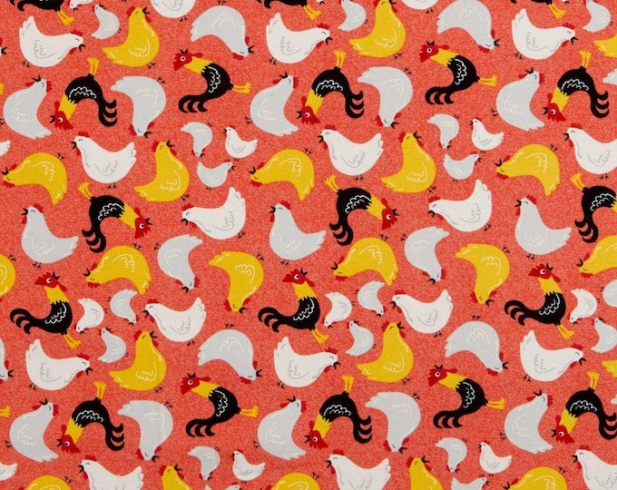 Timeless Treasures Farm Fun Tossed Roosters Coral Premium Quality 100% Cotton Fabric (TT1034)