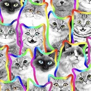 Timeless Treasures Black & White Cats Neon Outline Premium Quality 100% Cotton Fabric (TT7XX)