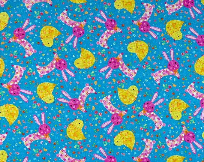 Quilting Treasures Happy Easter Chicks & Bunnies Blue Premium Quality 100% Cotton Fabric (QT808)