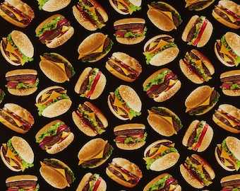 Timeless Treasures Food Burgers Tossed Black Premium Quality 100% Cotton Fabric (TT914)