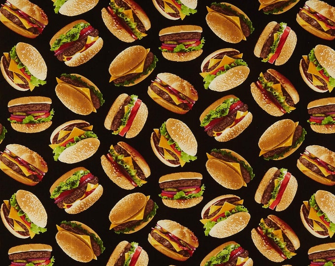 Timeless Treasures Food Burgers Tossed Black Premium Quality 100% Cotton Fabric (TT914)