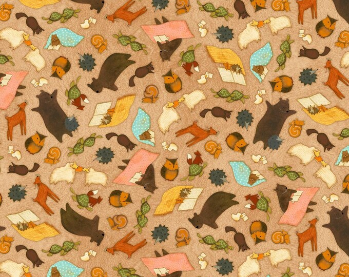 Quilting Treasures Santoro Poppi Loves Reading Together Animal Toss Tan Premium Quality 100% Cotton Fabric (QT1022)