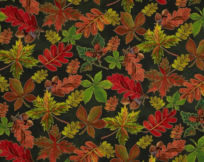 Fabri-Quilt Golden Harvest Metallic Leaves Green Premium Quality 100% Cotton Fabric (FQ199)