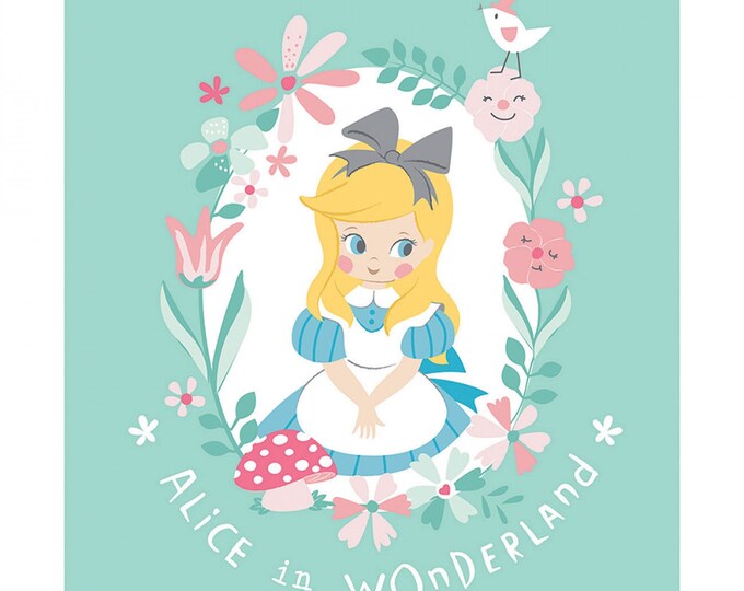 Disney Alice in Wonderland 35" Panel Turquoise Premium Quality 100% Cotton Sold by The Panel. (CA1449KK)