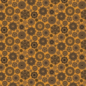 May include: A seamless pattern featuring black and white mandala designs on a yellow background. The mandalas are of various sizes and shapes, creating a visually appealing and intricate pattern.