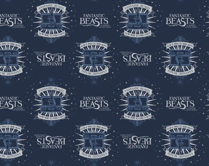 Camelot Fabrics Fantastic Beast Suitcase & Logo in Navy Blue Premium Quality 100% Cotton Fabric (CA1094)