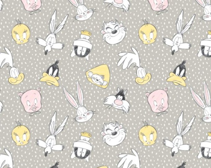 Camelot Fabrics Looney Tunes Little Dreamer Characters On Spots grey Premium Quality 100% Cotton Fabric (CA74KK)