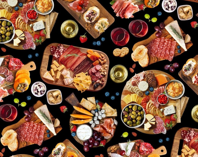 Elizabeth's Studio Favorite Foods 682 Black Charcuterie Premium Quality 100% Cotton Fabric (ES437BB)