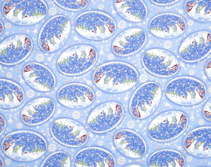 Fabri-Quilt Season's Greetings Snow Globes Blue Metallic Blue Premium Quality 100% Cotton Fabric (FQ272)