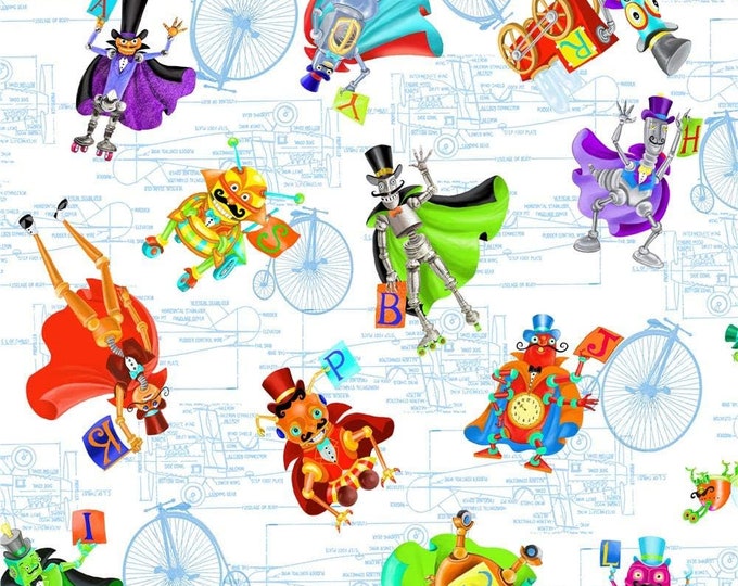 Quilting Treasures Bits & Bots Spaced Robots, White Premium Quality 100% Cotton Fabric (QT1012)