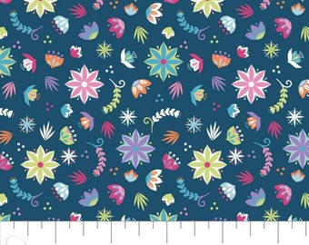 Camelot Fabrics Llama Drama Collection Assorted Flowers Navy Blue Premium Quality 100% Cotton Fabric (CA1002KK)