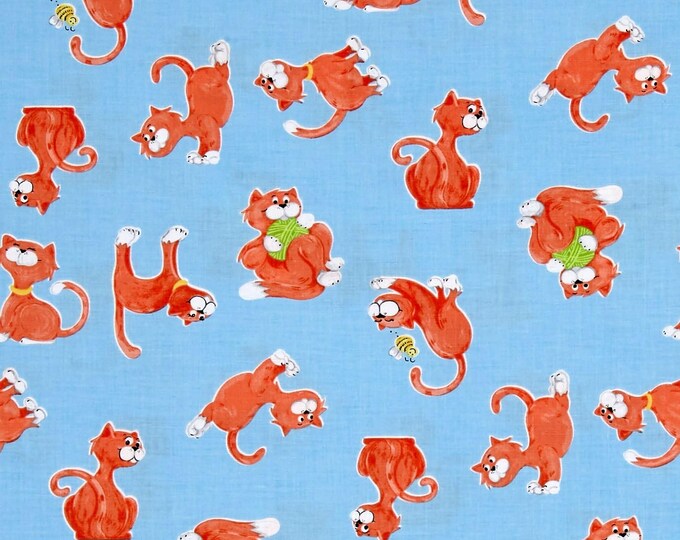 Susybee Purrl The Cat Tossed Cats Blue Premium Quality 100% Cotton Fabric (SB95)