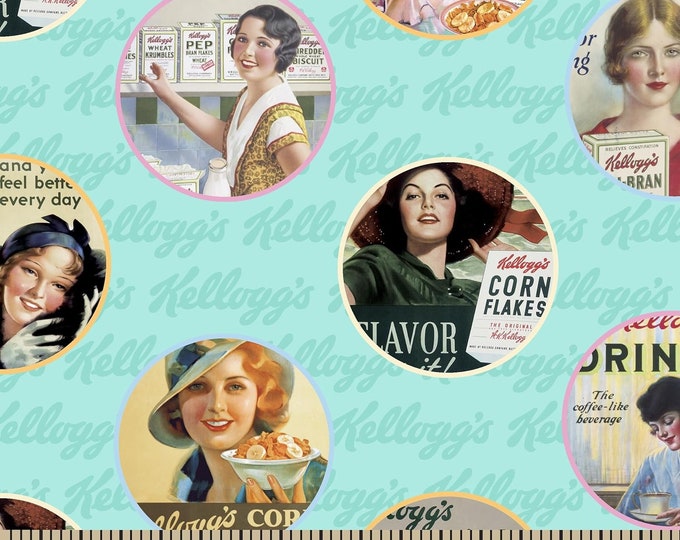 Springs Creative Group Kellogg Vintage Ads Ladies Teal Premium Quality 100% Cotton Fabric (SC486)