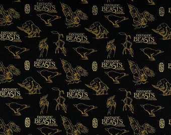Camelot Fabrics Wizarding World Fantastic Beasts Logo & Creatures in Black with Metallic Premium Quality 100% Cotton Fabric (CA1108)