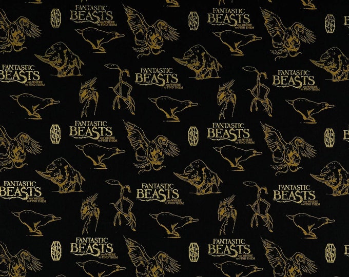 Camelot Fabrics Wizarding World Fantastic Beasts Logo & Creatures in Black with Metallic Premium Quality 100% Cotton Fabric (CA1108)