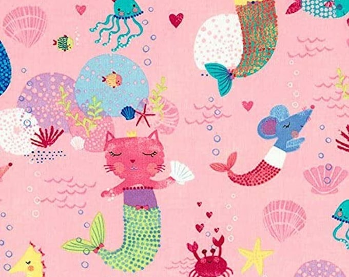 Timeless Treasures Cute Swimming Kitten Mermaid Pink Premium Quality 100% Cotton Fabric (TT499)