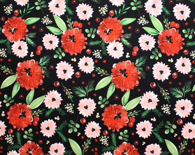 Camelot Fabrics Winter Woods Winter Floral in Black Premium Quality 100% Cotton Fabric (CA1233)
