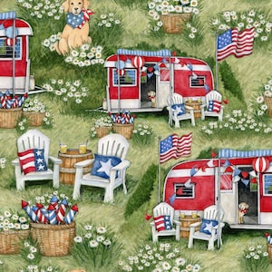 May include: A red, white, and blue patterned fabric with a repeating design of a vintage camper, two white chairs, a yellow dog, and fireworks. The camper has a white awning and a red, white, and blue flag hanging from the back. The chairs have red, white, and blue cushions and are set up in front of the camper. The dog is sitting on the grass in front of the camper. The fireworks are in a basket in front of the camper.