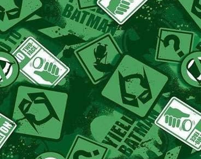 Camelot Fabrics Batman Battle Over Gotham Yield Signs Green Premium Quality 100% Cotton Fabric (CA122)