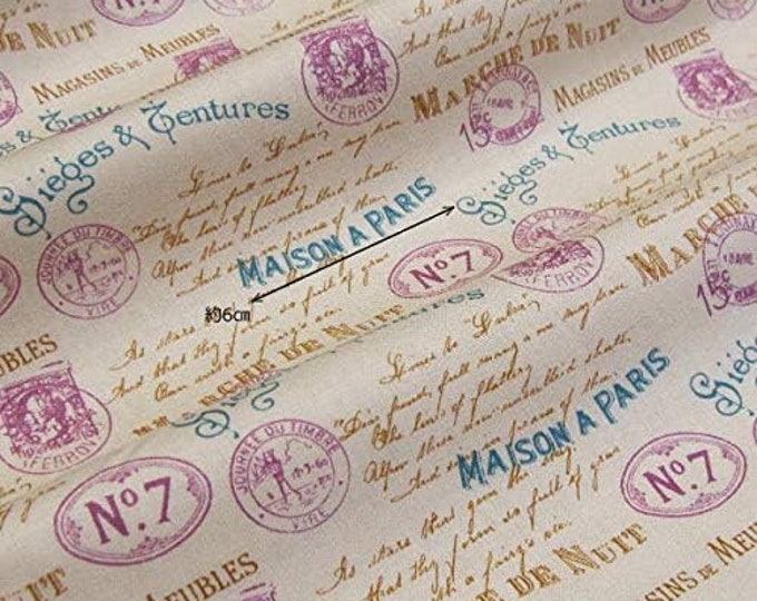 David Textiles Paris Vintage Stamps Beige Premium Quality 100% Cotton Fabric (DA60)