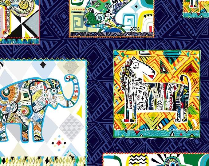 Quilting Treasures Wild Side Geo Animal Patches Navy Premium Quality 100% Cotton Fabric (QT926)