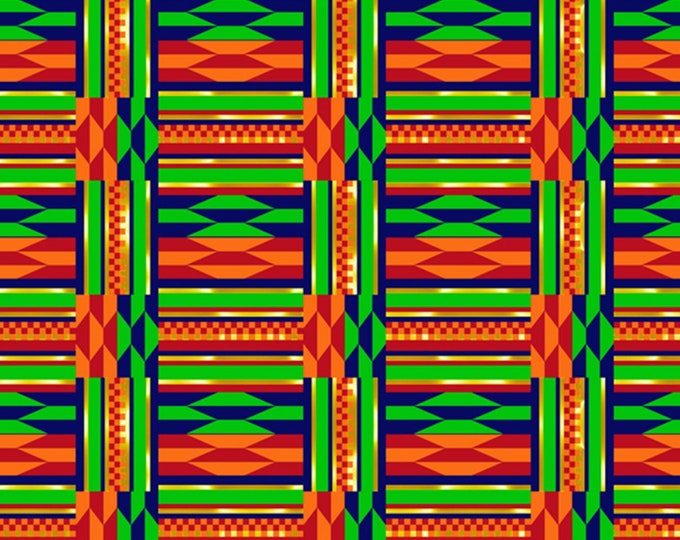 David Textiles Kente Grid Blue/Orange/Multicolor Premium Quality 100% Cotton Fabric by The Yard. (DA31XX)
