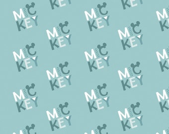 Camelot Fabrics Disney Mickey Mouse Fabric Logo in Rainwater Blue Premium Quality 100% Cotton Fabric (CA517)