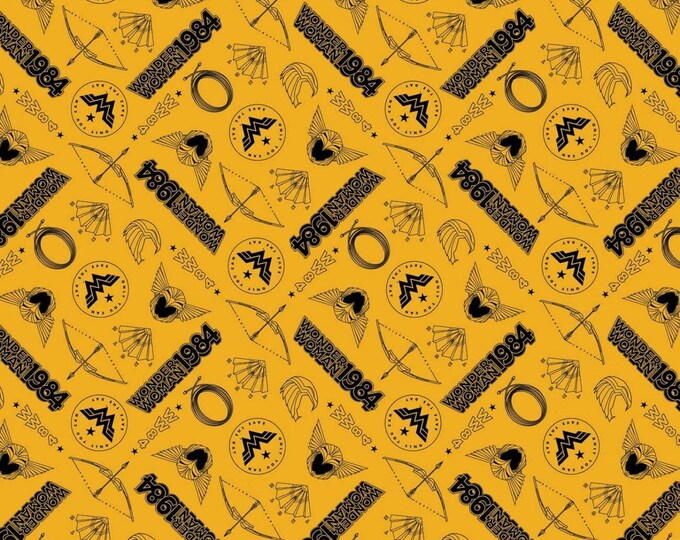 Camelot Fabrics Wonder Woman 1984 Tossed Icons Yellow Premium Quality 100% Cotton Fabric (CA1386KK)